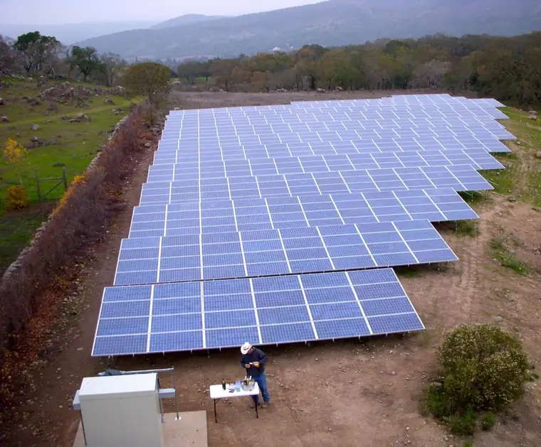A large solar array on a rural property